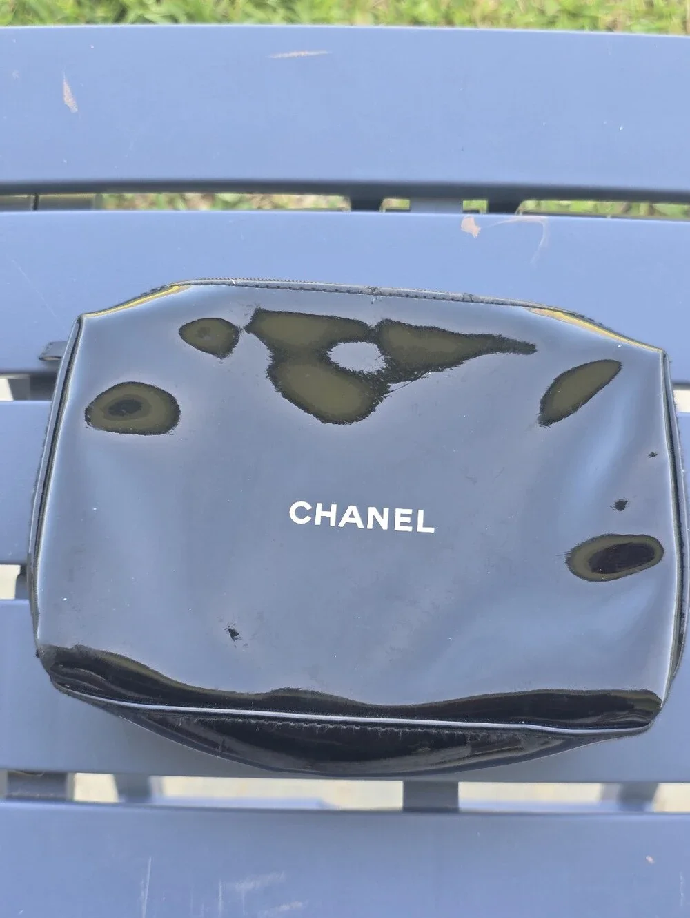 CHANEL Black Patent Cosmetic Makeup Pouch Zip Case Toiletry Bag Travel Beauty